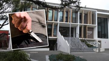 Wollongong Courthouse, and inset, a generic photo of a hand holding a knife. Main picture by Robert Peet